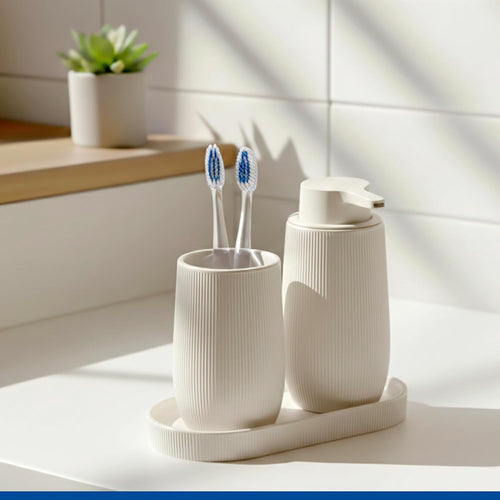 WENKO Ablage Mod. Fablo aus Keramik mit Rillenoptik, freistehend, Badezimmer-Organizer, Badablage, Schmuckschale, dekoratives Tablett für Badezimmer, Schlafzimmer, Wohnzimmer, Büro, Creme matt