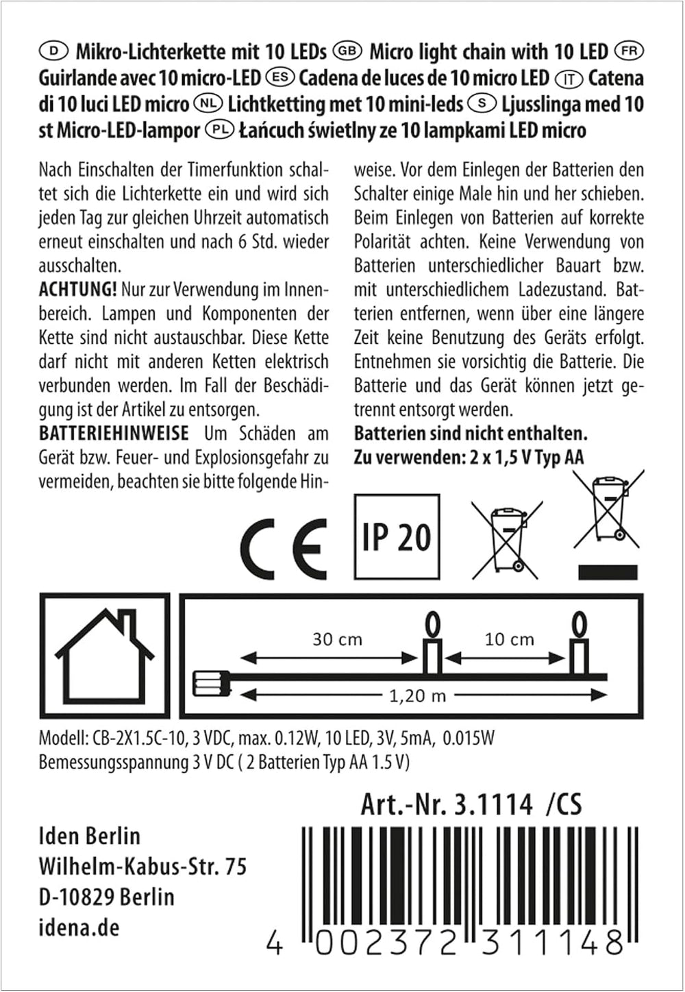 Idena Micro Lichterkette Innen 10 LEDs in Warmweiß, 1,2 m