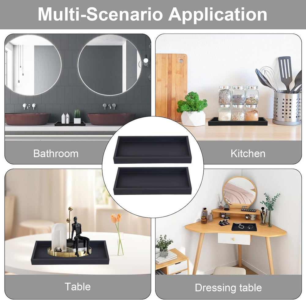 2 Stück Badezimmer Tablett Dekotablett Deko Tablett Schwarz Silikon Ablageschale Kleines Tablett für Waschtisch Badewanne Küchenspüle und Toilette (Rechteck)
