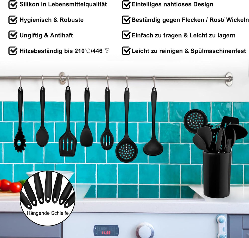Homikit Silikon Küchenhelfer Set, 12 Stück Schwarz Kochutensilien
