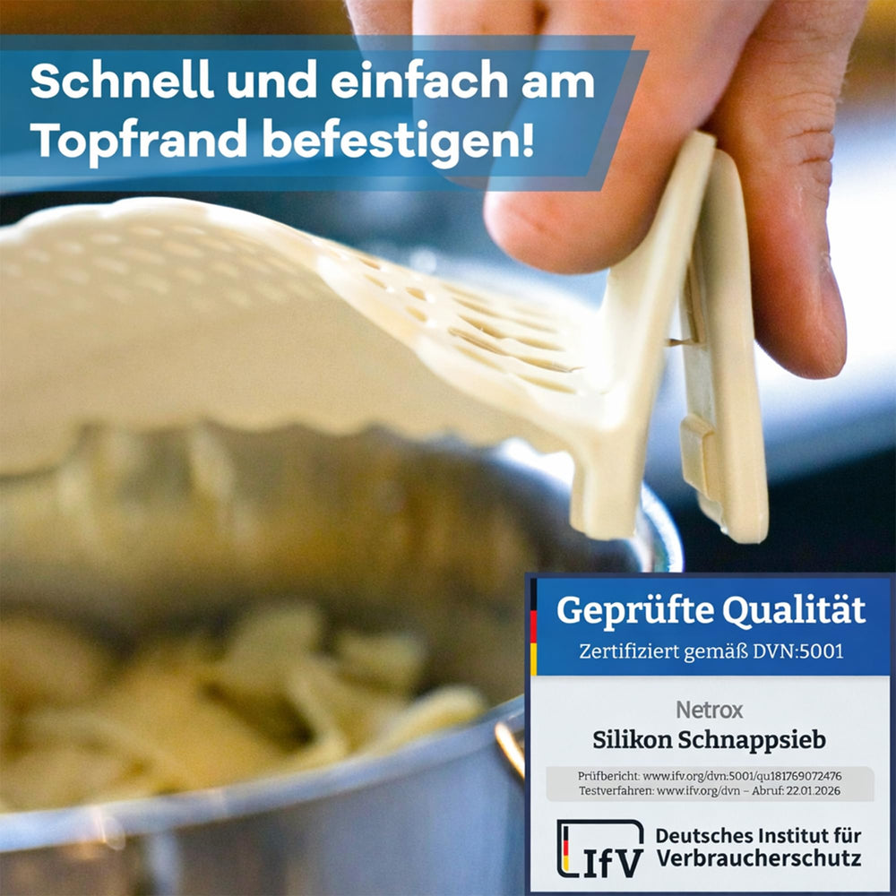 Netrox Schnappsieb aus Silikon, Nudelsieb Aufsatz für Topf & Pfanne