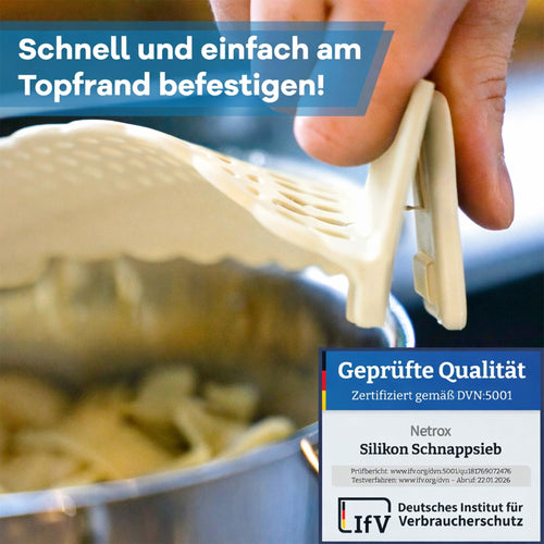 Netrox Schnappsieb aus Silikon, Nudelsieb Aufsatz für Topf & Pfanne