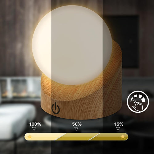 BRILONER - Mini LED Tischlampe kabellos IP54 mit Touch, dimmbar in Stufen, Akku & Lichtquelle tauschbar, Nachttischlampe, Kugel, LED Lampe, Akku Tischleuchte, Outdoor Lampe, 10x8x9 cm, Holzoptik