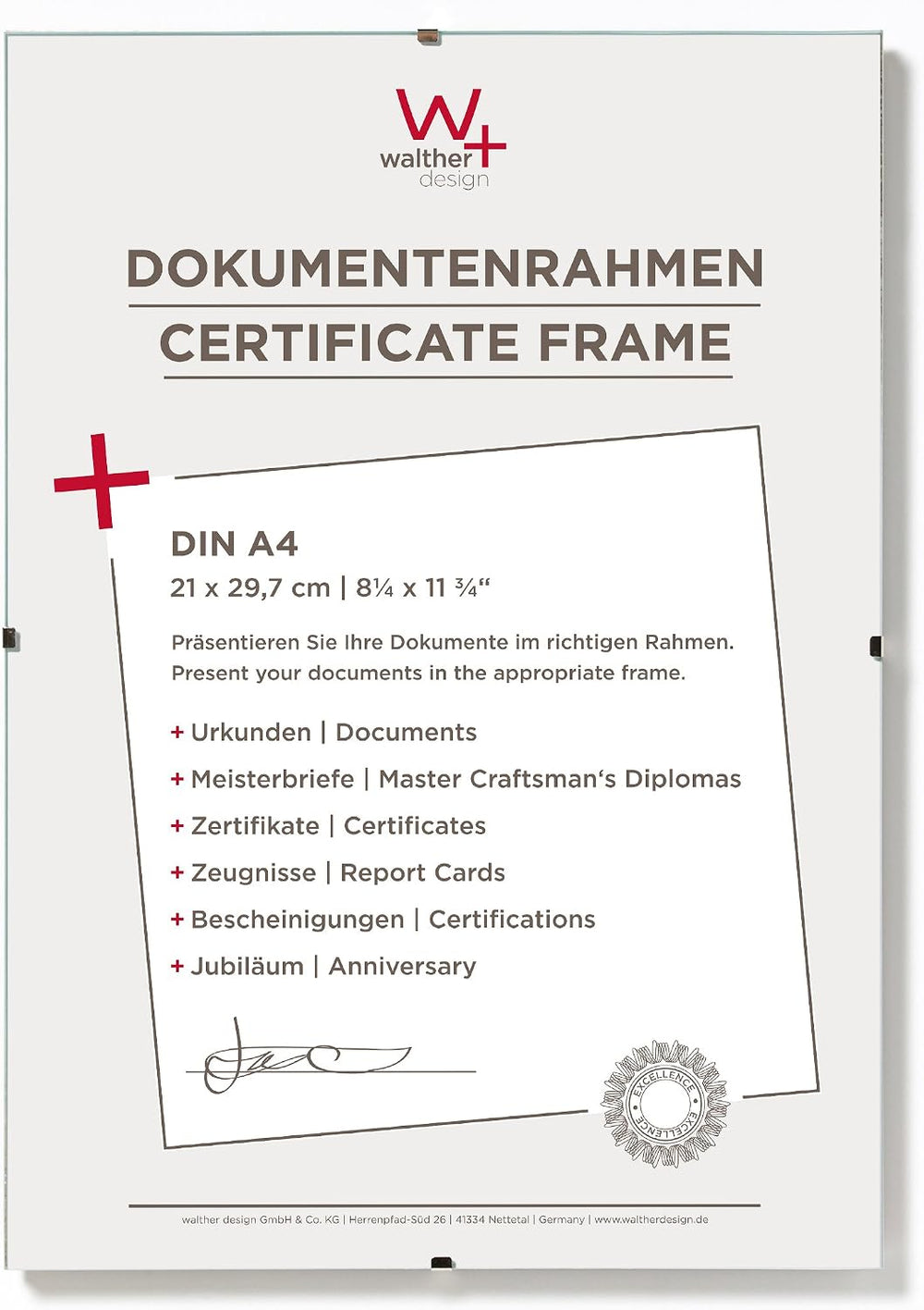 walther design Bilderrahmen Antireflexglas 21 x 29,7 cm (DIN A4) Dokumentenrahmen Rahmenlose Bildhalter RB130A