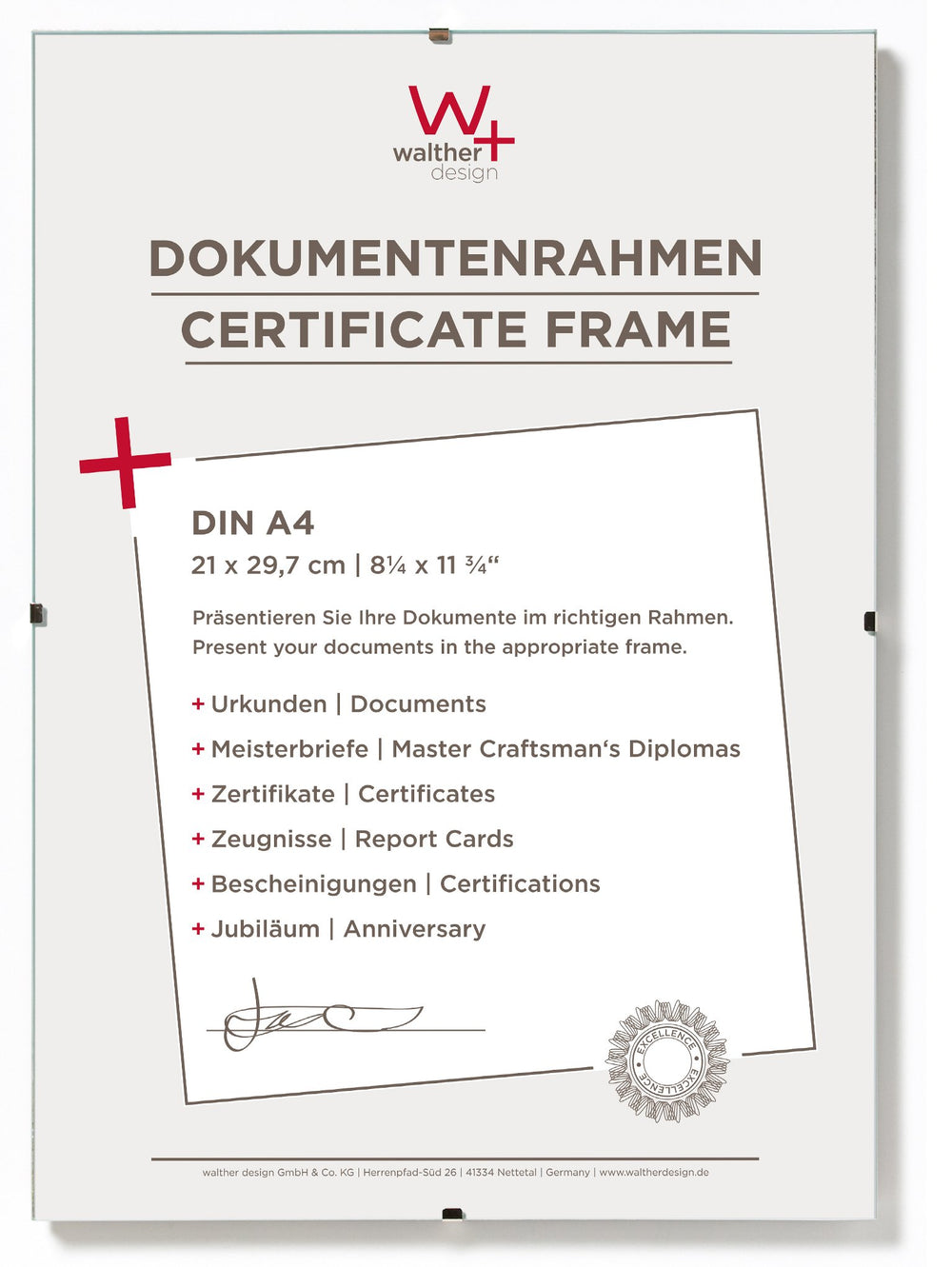 walther design Bilderrahmen Antireflexglas 21 x 29,7 cm (DIN A4) Dokumentenrahmen Rahmenlose Bildhalter RB130A