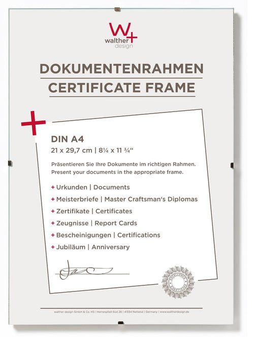 walther design Bilderrahmen Antireflexglas 21 x 29,7 cm (DIN A4) Dokumentenrahmen Rahmenlose Bildhalter RB130A