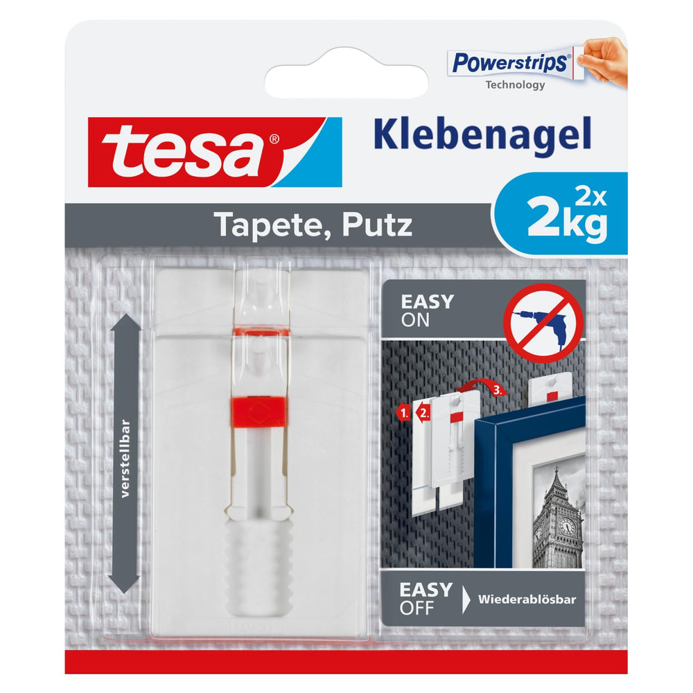 tesa Klebenagel für Tapete & Putz, verstellbar - 4 Nägel inkl. tesa Strips