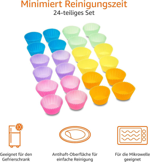 Amazon Basics Muffinform Silikon, 24er-Pack Wiederverwendbare Backförmchen, Mehrfarbig, Ofenfest bis 220°C