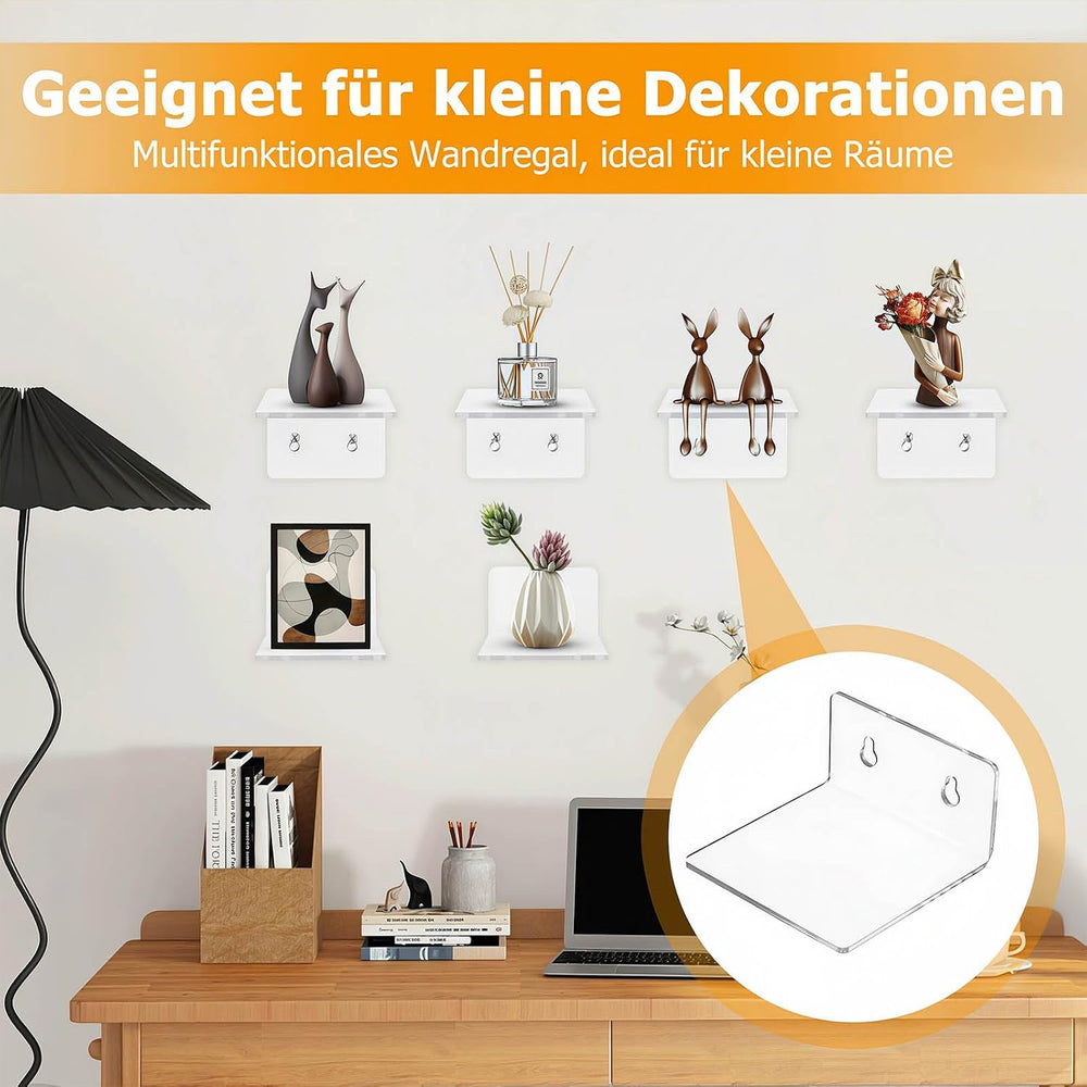4 Stück Wandregal Ohne Bohren 10 x 10 cm Klares Wandregal, Acryl Schwebendes Regalbrett, Kleines Regal Wand für Wohnzimmer Schlafzimmer Badezimmer Küche Selbstklebend L-Typ