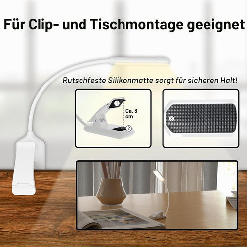 Leselampe Buch Klemme, USB Wiederaufladbare Buchlampe Klein, Weiß
