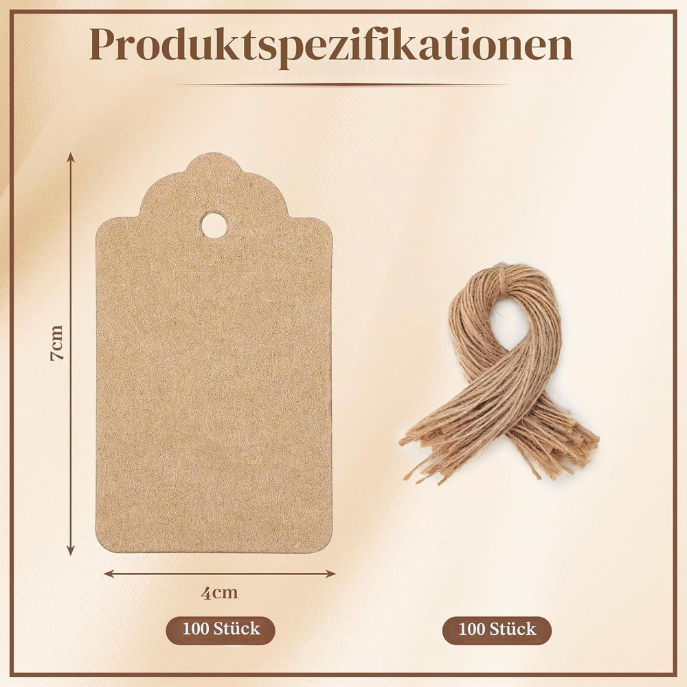 HAKACC 100 Stück Kraftpapier Anhänger (4x7 cm) mit Juteschnur, Braune