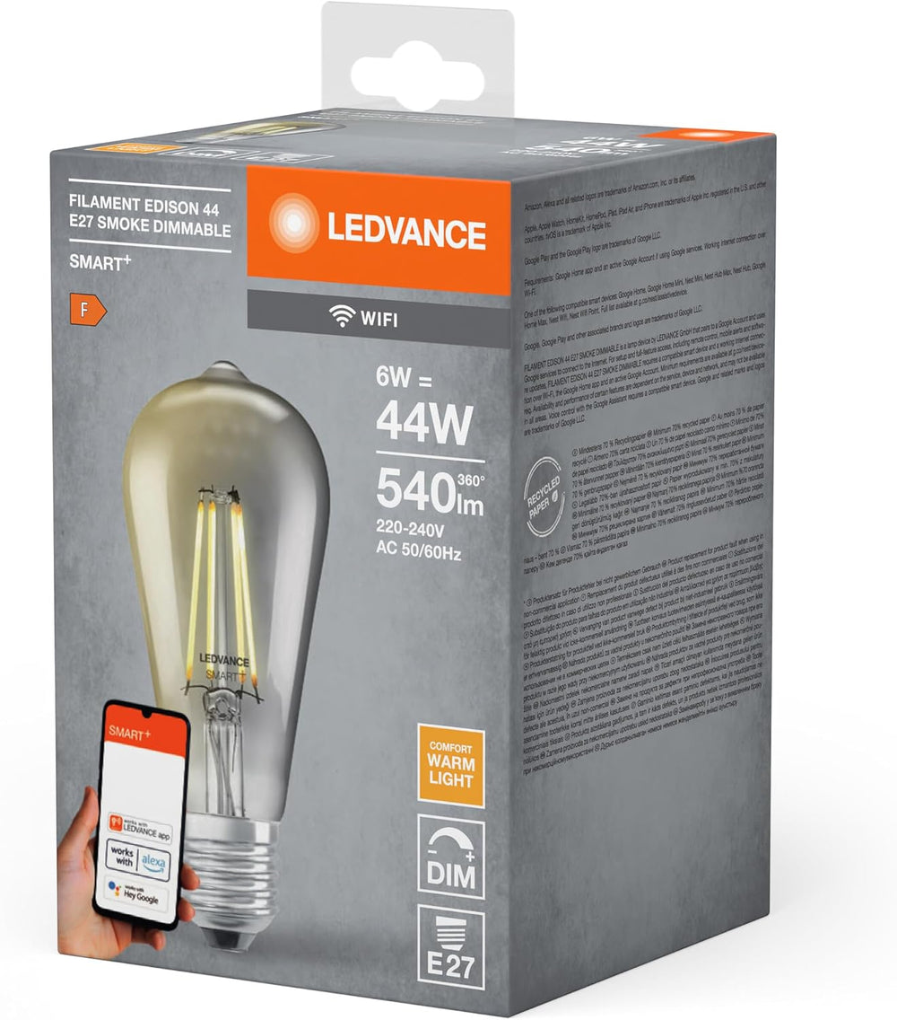 LEDVANCE E27 LED Lampe, SMART Home Wifi Edison Filament Stil Leuchtmittel mit 6W (540Lumen), Warmweiß (2500K) kompatibel mit Alexa, google oder App, Lampen im 1er-Pack