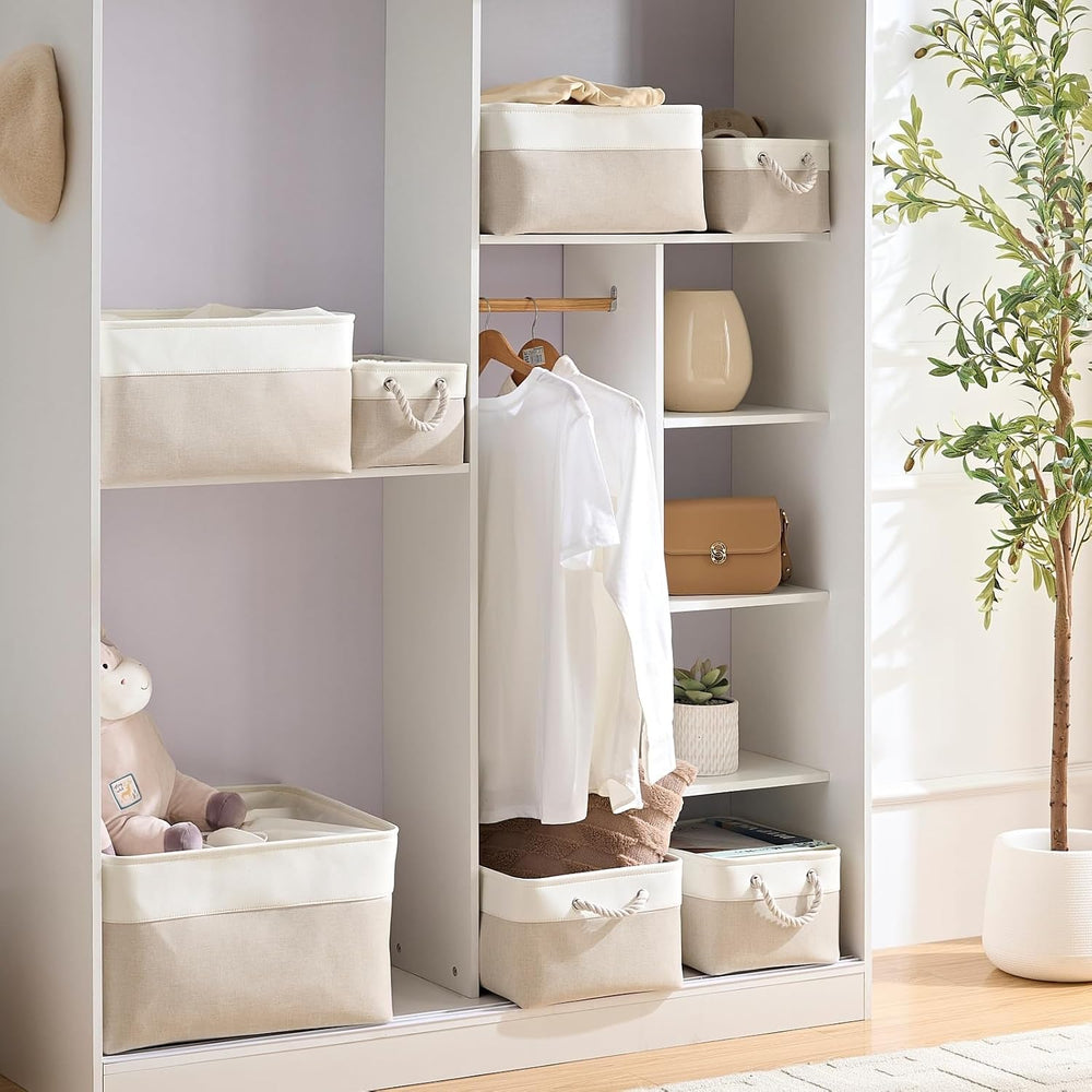 Mangata Aufbewahrungsbox Stoff,Klein Waschbare Aufbewahrungskorb, Korbe in Würfel für Schrank Regal und Kleidung(Hellbeige/Weiß, S, 1 Set)