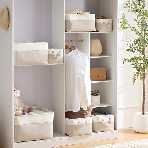 Mangata Aufbewahrungsbox Stoff,Klein Waschbare Aufbewahrungskorb, Korbe in Würfel für Schrank Regal und Kleidung(Hellbeige/Weiß, S, 1 Set)