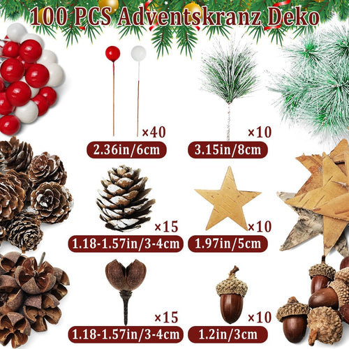 Adventskranz Deko,100 pcs Weihnachtskranz Deko,Adventskranz Selber Basteln,Deko Für adventskranz,Weihnachtsgesteck Deko,Weihnachtsdeko Basteln,Tannenzapfen Deko