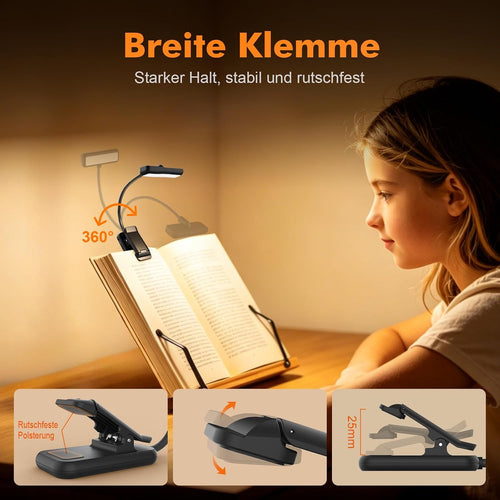 GRIFEMA Leselampe mit Klemme, 10 LEDs, USB C, 180° drehbarer Kopf