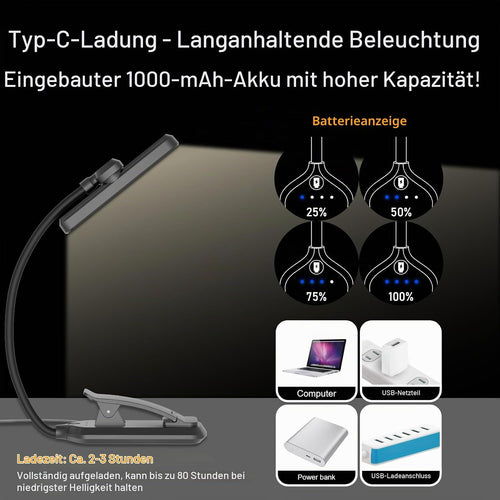 Leselampe Buch Klemme, USB Wiederaufladbare mit 24 LEDs, Schwarz