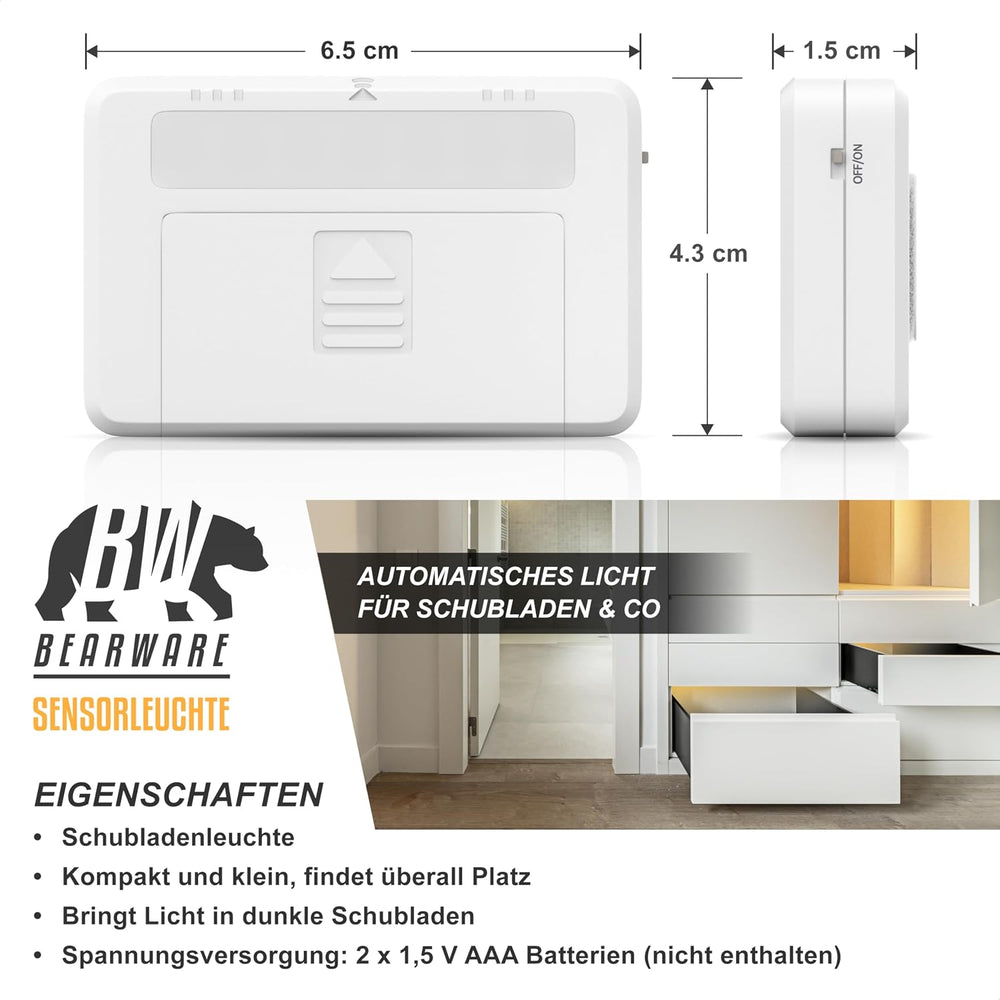 CSL - LED Schrankleuchte Schubladenleuchte - Sensor Light – Innovative Mini Schrankleuchte mit Magnetsensor - Schrankbeleuchtung für bessere Sicht in dunklen Schubladen