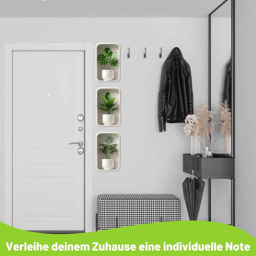 3 Stück Wandaufkleber Pflanzen, 3D Bilder Wandtattoo Wohnzimmer, Selbstklebende Wandsticker mit Blumenmotiv, Wandtattoo Badezimmer für moderne Wanddekoration