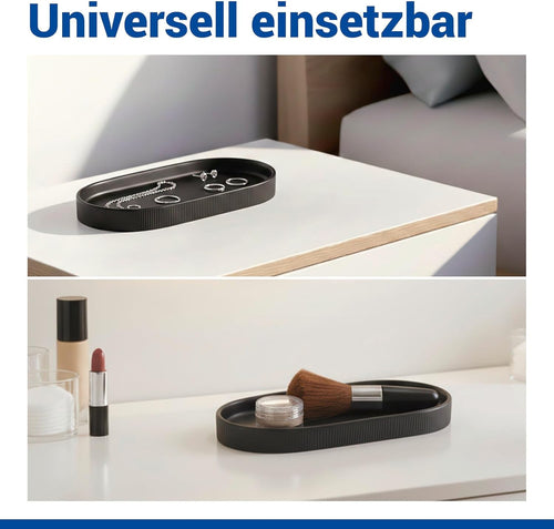 WENKO Ablage Mod. Fablo aus Keramik mit Rillenoptik, freistehend, Badezimmer-Organizer, Badablage, Schmuckschale, dekoratives Tablett für Badezimmer, Schlafzimmer, Wohnzimmer, Büro, schwarz matt