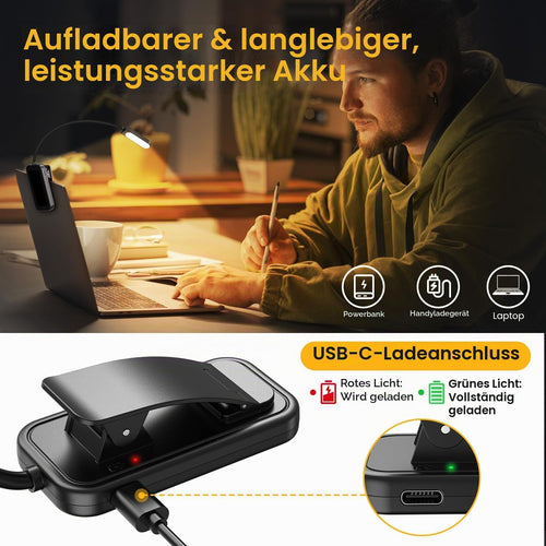 Leselampe Buch Klemme, GARITE 10 LED Buchlampe mit Stufenloser Dimmung, 3 Farbmodi (Warm/Kühl/Weiß), USB Wiederaufladbare Klemmlampe, 360° Faltbare Leselampe für Nachtlesen, Buch, Bett, Büro, Reisen