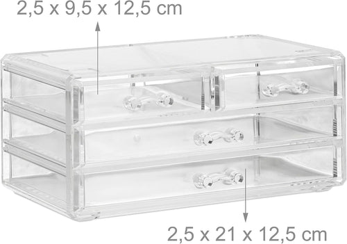 Relaxdays Make Up Organizer Acryl, 2-teilige Schminkaufbewahrung mit Lippenstifthalter und 4 Schubladen, transparent, 19 x 24 x 13.5 cm