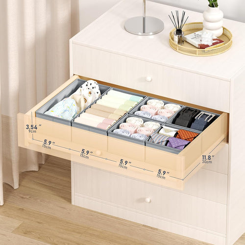 DIMJ 4 Stück Schubladen Ordnungssystem Schubladen Organizer, Faltbare Aufbewahrungsbox Stoff, Schubladeneinsätze für Kleiderschränke, Kleiderschrank Organizer für Kleidung, Hellgrau
