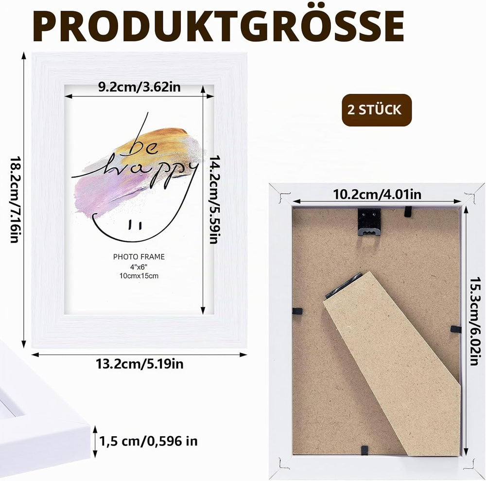 2 Stück  Bilderrahmen 10x15cm Weiß Fotorahmen mit Organischem Glas