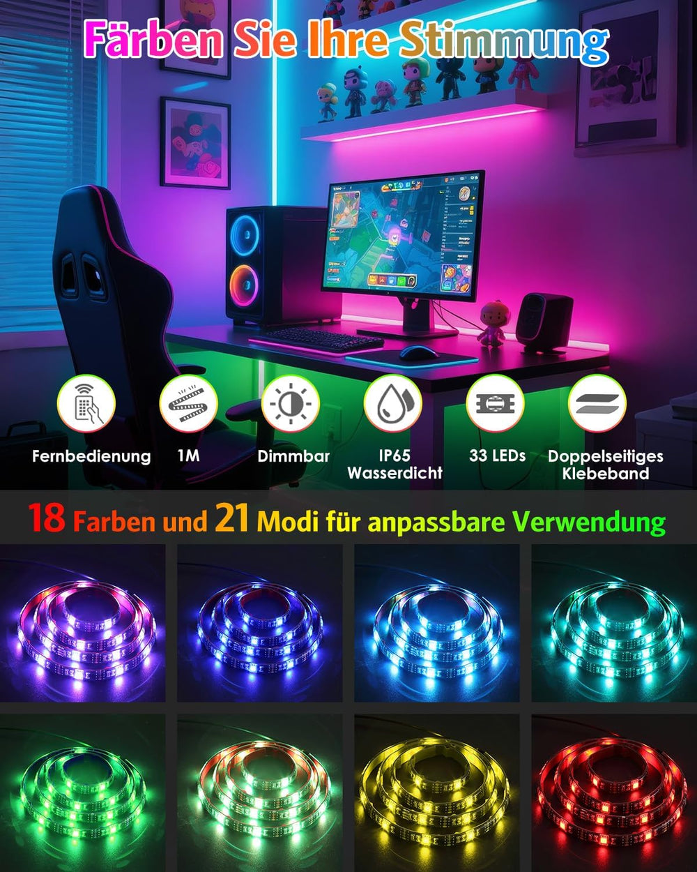 AMIR LED Streifen 1m, RGB LED Strip mit Fernbedienung, 18 Farbwechsel & 21 Modi LED Band Dimmbar, Selbstklebend Led Lichterkette Lichtband Leiste für Party, Gaming, Dekor, TV Hintergrundbeleuchtung