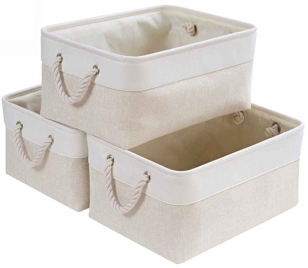 Mangata Aufbewahrungsbox Stoff,Klein Waschbare Aufbewahrungskorb, Korbe in Würfel für Schrank Regal und Kleidung(Hellbeige/Weiß, S, 1 Set)