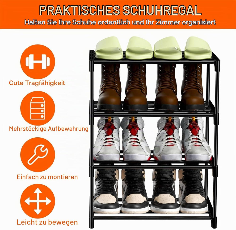 Magrimaxio Schuhregal Metall, Schuhaufbewahrung mit 4 Ebenen, Leichtes Schuhablage, Schuh Regal Stapelbar für 8 Paar Schuhe, Schuhständer für Flur, Wohnzimmer, Schlafzimmer, Eingangsbereich (Schwarz)