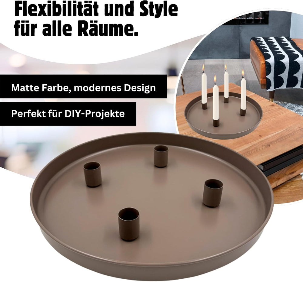 Tablett mit 4 magnetischen Kerzenhaltern – Mattes Design – beige, Ø 25 cm