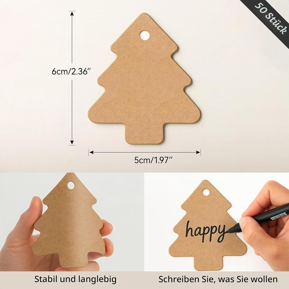 Geschenkanhänger 50 Stück Blanko Braune Papieranhänger mit Schnur 6x 5 cm für Hochzeitsgeschenke Geburtstag Weihnachten [ Weihnachtsbaum ]