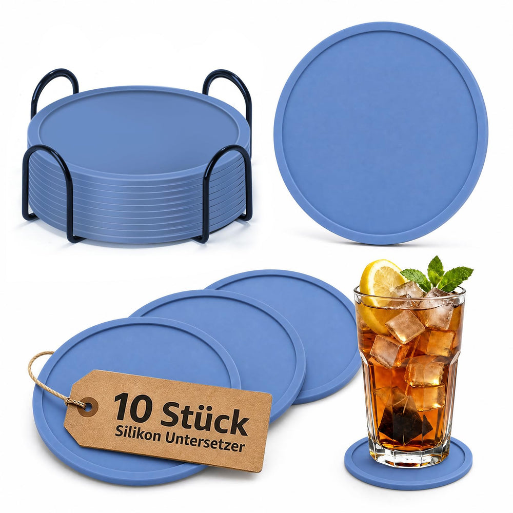 HELI MIAO Untersetzer Gläser Silikon mit Halter,rutschfest Glasuntersetzer mit Hohem Rand für Auslaufschutz,Hitzebeständig Tassenuntersetzer für Couchtisch,Esstisch&Bar,10Stück mit Halter Schwarz