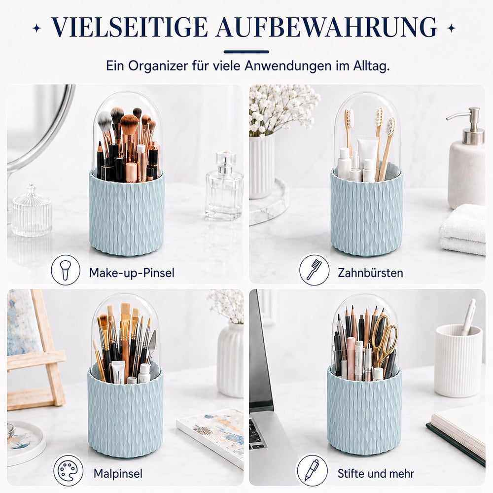 scicent Make Up Kosmetik Organizer, 360 drehbarer Make-up-Pinselhalter, Organizer, transparent, staubdicht Blau