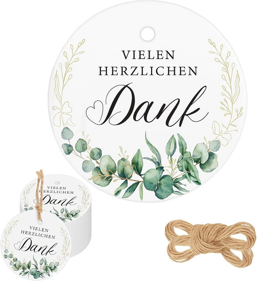 100 Stück Dankesetiketten rund 5 cm mit grünen Blättern – Geschenkanhänger mit Sprüchen & Schnur, Papieranhänger für Geschenkverpackung, Hochzeit, Party, Flaschen & Geschenkboxen