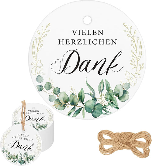 100 Stück Dankesetiketten rund 5 cm mit grünen Blättern – Geschenkanhänger mit Sprüchen & Schnur, Papieranhänger für Geschenkverpackung, Hochzeit, Party, Flaschen & Geschenkboxen