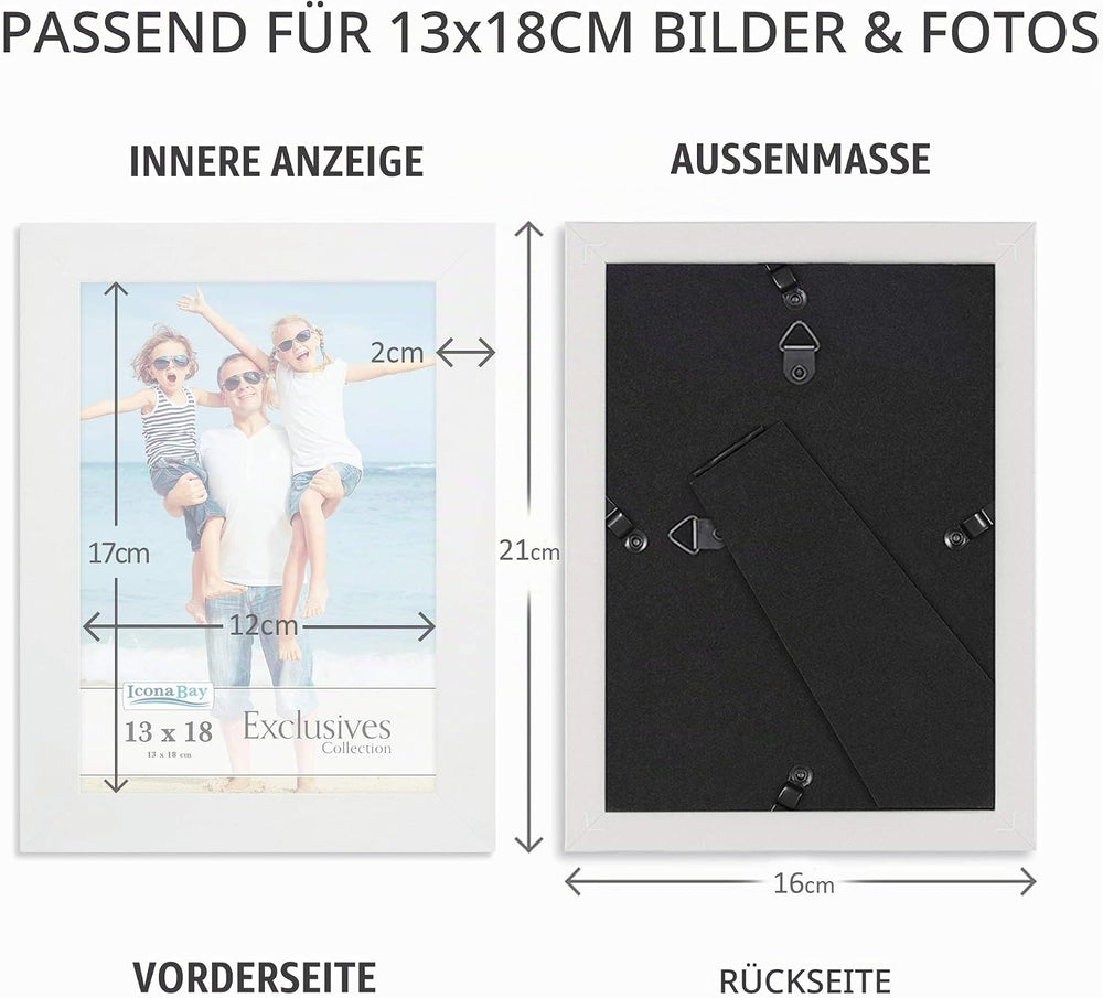 Icona Bay 13 x 18 cm Weißer Bilderrahmen, stabiler Bilderrahmen aus Holzverbundwerkstoff 13 x 18, elegantes Design, Tischplatte oder Wandhalterung, exklusive Kollektion