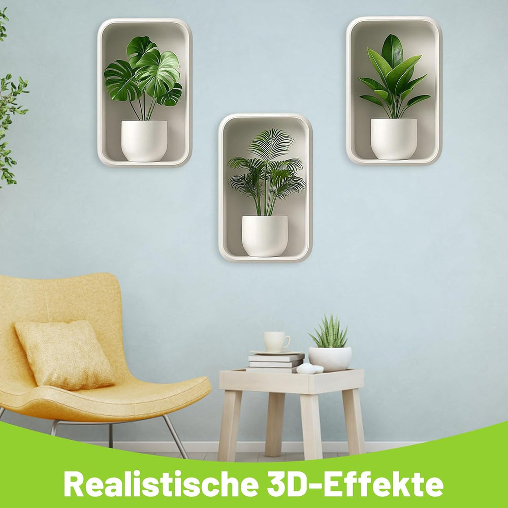 3 Stück Wandaufkleber Pflanzen, 3D Bilder Wandtattoo Wohnzimmer, Selbstklebende Wandsticker mit Blumenmotiv, Wandtattoo Badezimmer für moderne Wanddekoration