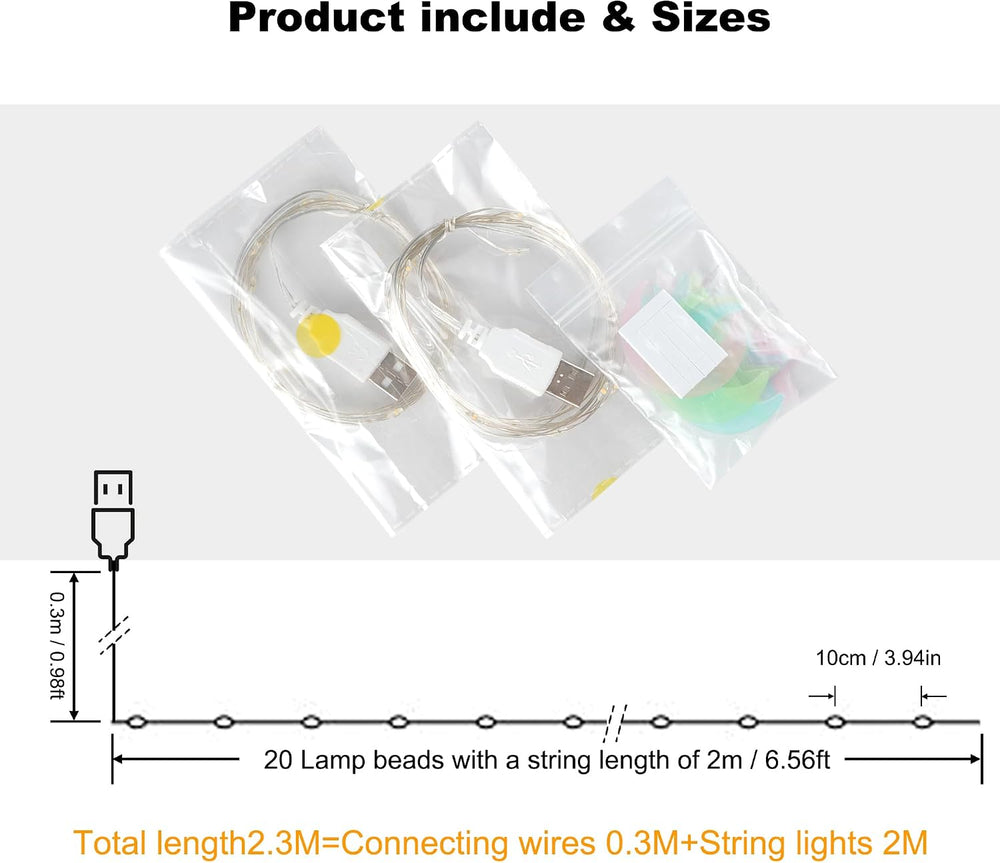 2 Stück LED Lichterkette, 20LED 2M / 6.6Ft USB lichterkette außen/innen Wasserdichte für Schlafzimmer, Hof, Hochzeit, Weihnachten, DIY etc (Warmweiß)
