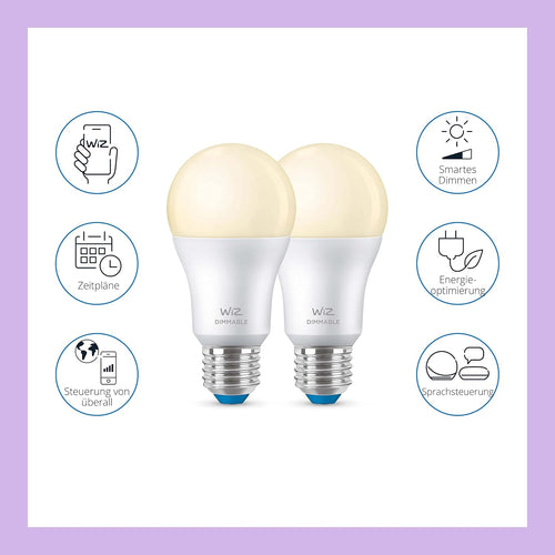 WiZ Warm White LED Lampen E27 2er Pack (806 lm), 60 W Lampen mit warmweißem dimmbarem Licht, smarte Lichtsteuerung über WLAN per Stimme/App