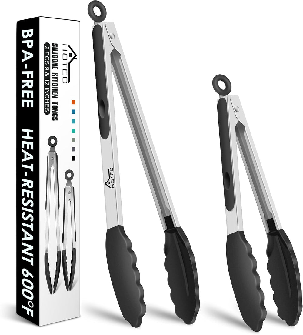 HOTEC Premium-Küchenzange aus Edelstahl, mit Verriegelung, Kochzange mit Silikonspitze, 2er-Set, 22,9 cm und 30,5 cm lange Zangen