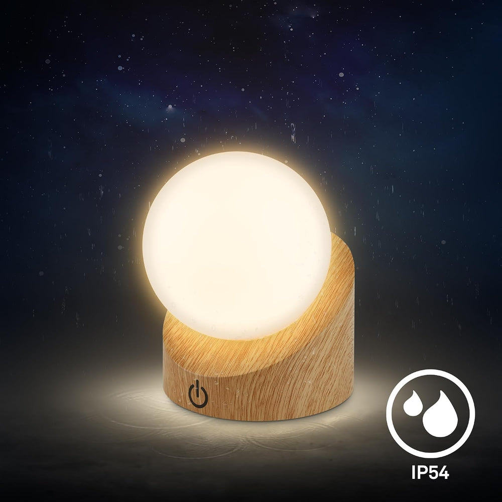 BRILONER - Mini LED Tischlampe kabellos IP54 mit Touch, dimmbar in Stufen, Akku & Lichtquelle tauschbar, Nachttischlampe, Kugel, LED Lampe, Akku Tischleuchte, Outdoor Lampe, 10x8x9 cm, Holzoptik