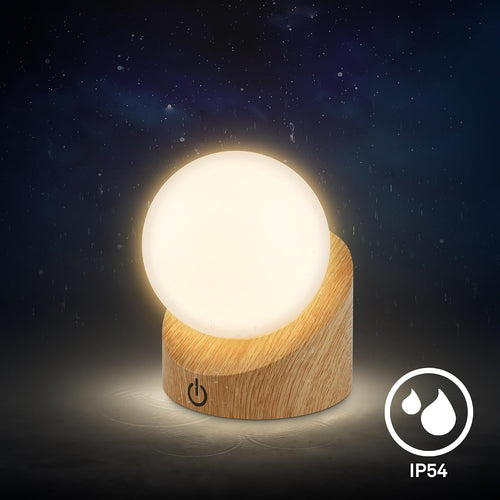 BRILONER - Mini LED Tischlampe kabellos IP54 mit Touch, dimmbar in Stufen, Akku & Lichtquelle tauschbar, Nachttischlampe, Kugel, LED Lampe, Akku Tischleuchte, Outdoor Lampe, 10x8x9 cm, Holzoptik