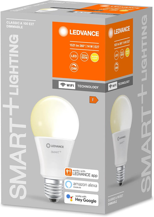 LEDVANCE Smarte LED-Lampe mit WiFi Technologie, Sockel E27, Dimmbar, Warmweiß (2700 K), ersetzt Glühlampen mit 100 W, SMART+ WiFi Classic Dimmable, 1er-Pack