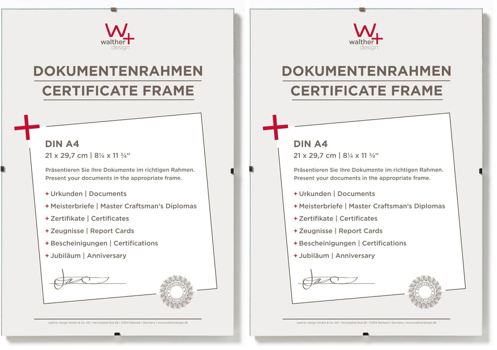 walther design Bilderrahmen Antireflexglas 21 x 29,7 cm (DIN A4) Dokumentenrahmen Rahmenlose Bildhalter RB130A