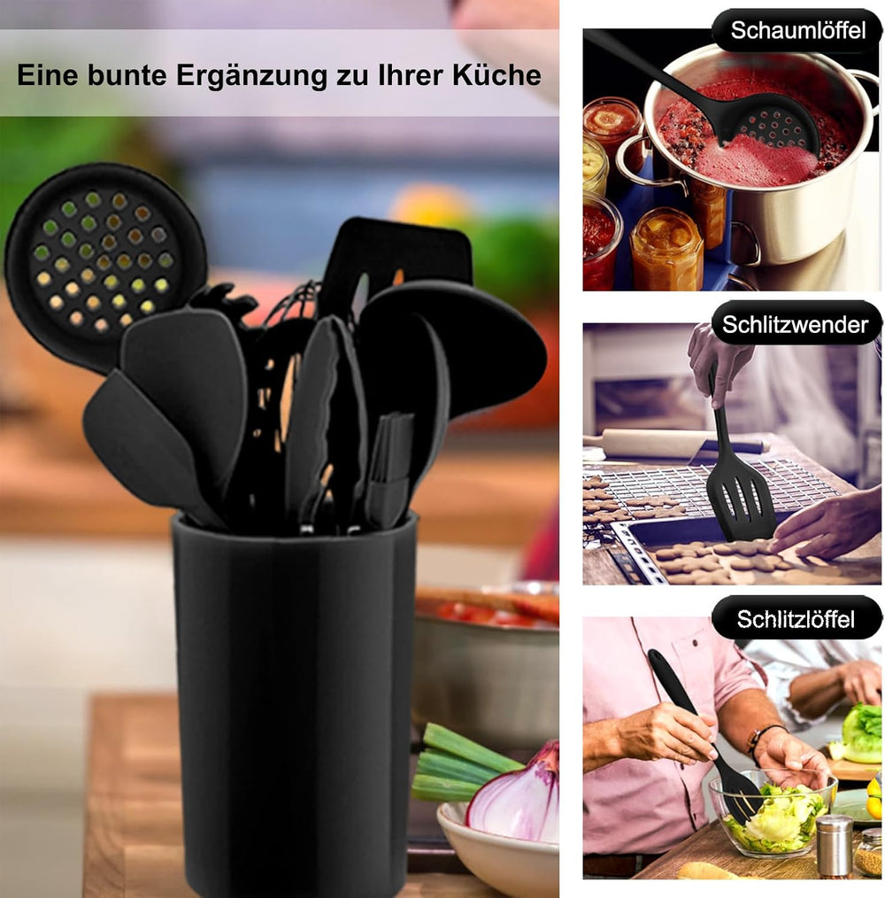 Homikit Silikon Küchenhelfer Set, 12 Stück Schwarz Kochutensilien