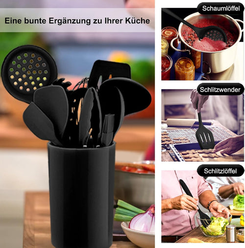 Homikit Silikon Küchenhelfer Set, 12 Stück Schwarz Kochutensilien