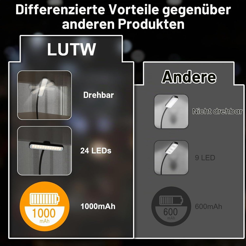 Leselampe Buch Klemme, USB Wiederaufladbare mit 24 LEDs, Schwarz