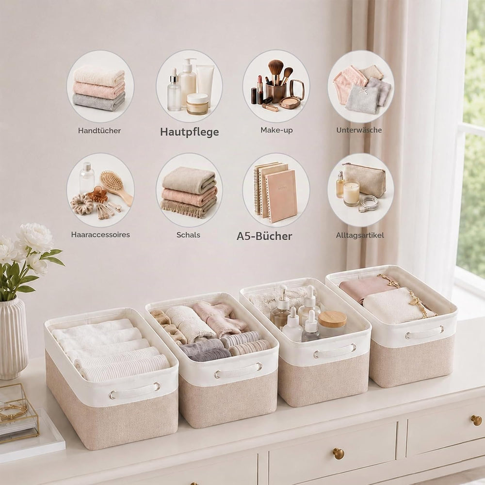 Mangata aufbewahrungsbox Stoff, aufbewahrungskorb, Korb aufbewahrung Stoff mit Griffen für Schrank, Spielzeug, kleiderschrank, Regale, Kleidung (Helles Khaki Weiß, klein)